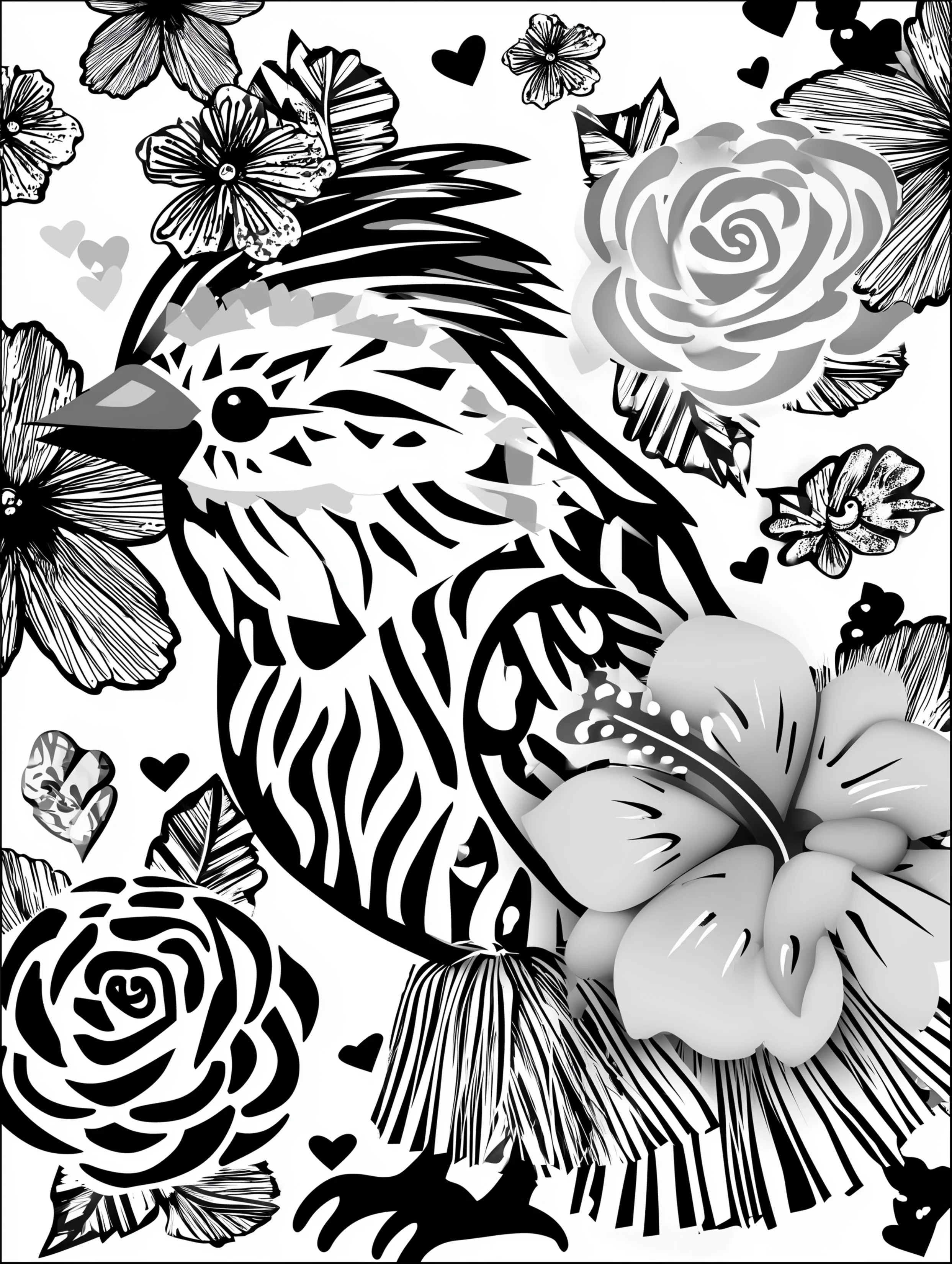 Free printable bird coloring page for adults featuring a bird wearing a tiki skirt and looking left